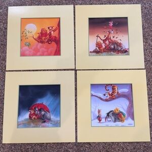 Set of 4 Winnie the Poohl Character Art with Yellow Matte Frames